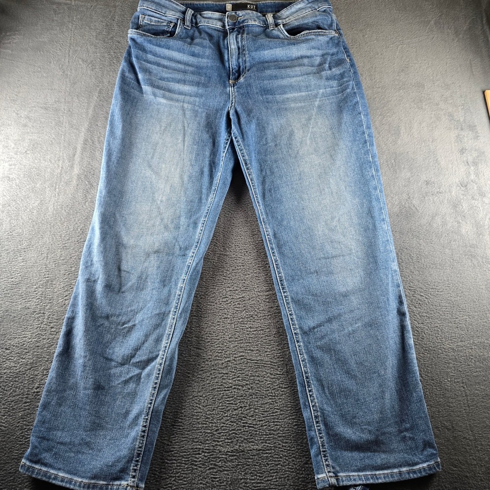 Kut from the Kloth Straight Leg Jeans Blue Medium Wash Distressed Hem Size 12